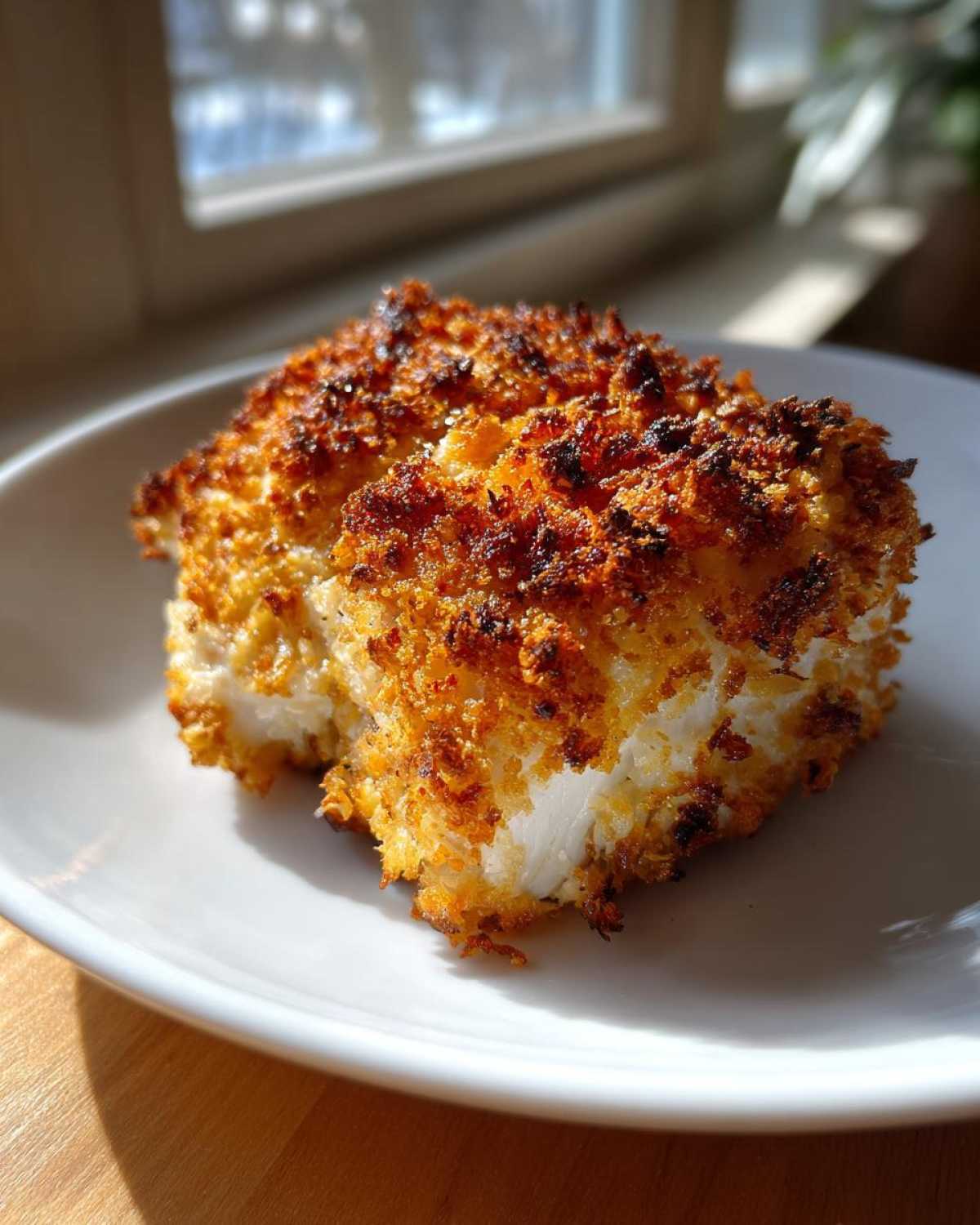 Close-up of a perfectly cooked piece of Air Fryer Chicken with Parmesan Crust, showing a golden, crispy exterior.