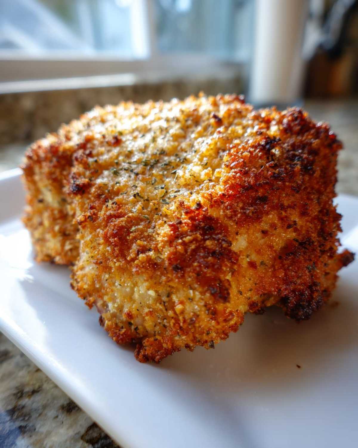 Close-up of a perfectly cooked Air Fryer Chicken with Parmesan Crust, golden brown and crispy.