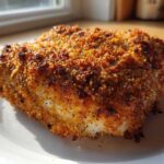 Close-up of a perfectly cooked Air Fryer Chicken with Parmesan Crust, showing a golden-brown, crispy exterior.