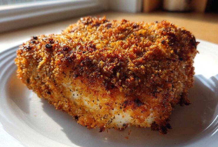 Close-up of a perfectly cooked Air Fryer Chicken with Parmesan Crust, showing a golden-brown, crispy exterior.