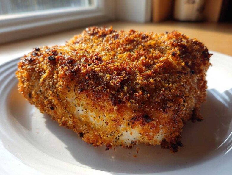 Close-up of a perfectly cooked Air Fryer Chicken with Parmesan Crust, showing a golden-brown, crispy exterior.