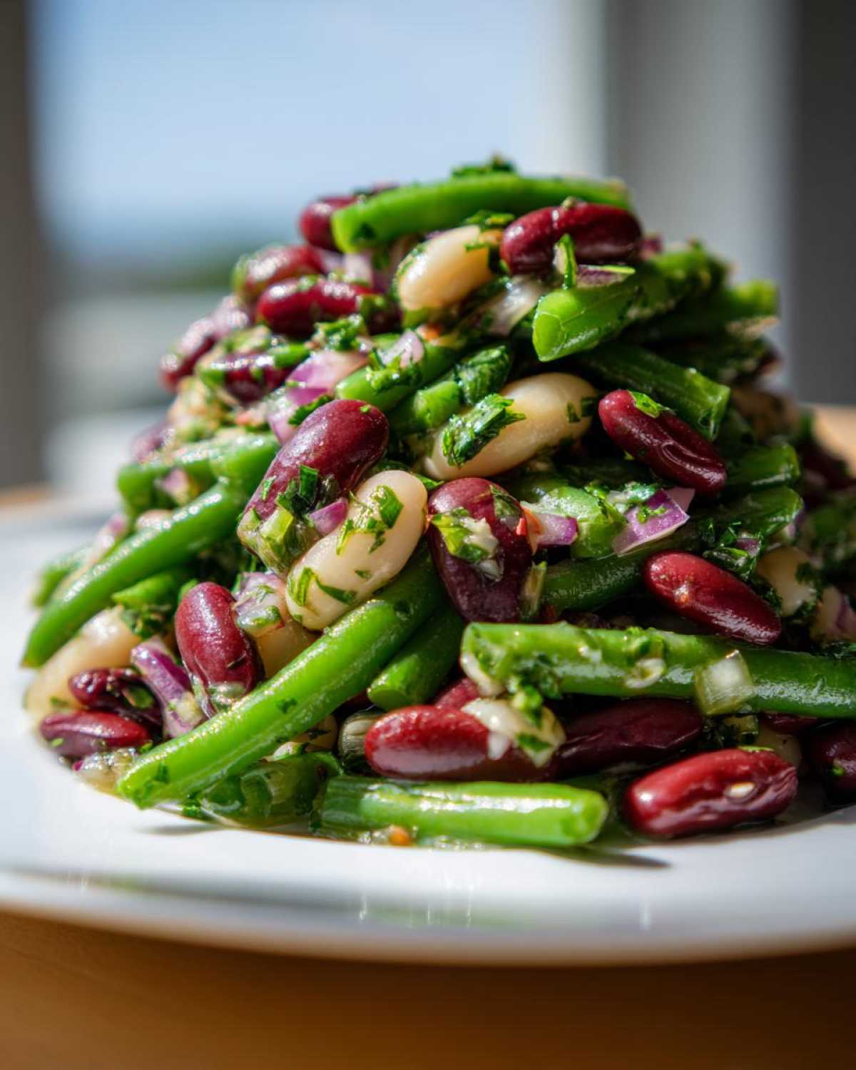 Close-up of a vibrant Bean Salad featuring kidney beans, white beans, and bright green beans mixed with red onion and herbs.