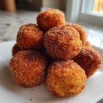 A stack of freshly fried Churro Bites coated generously in cinnamon sugar, served on a white square plate.
