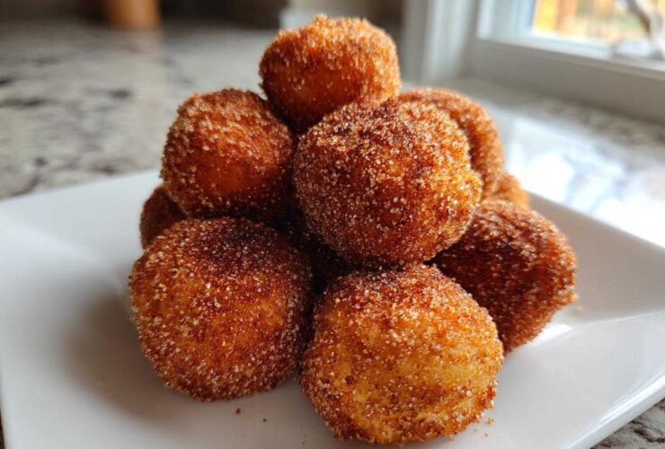 A stack of freshly fried Churro Bites coated generously in cinnamon sugar, served on a white square plate.