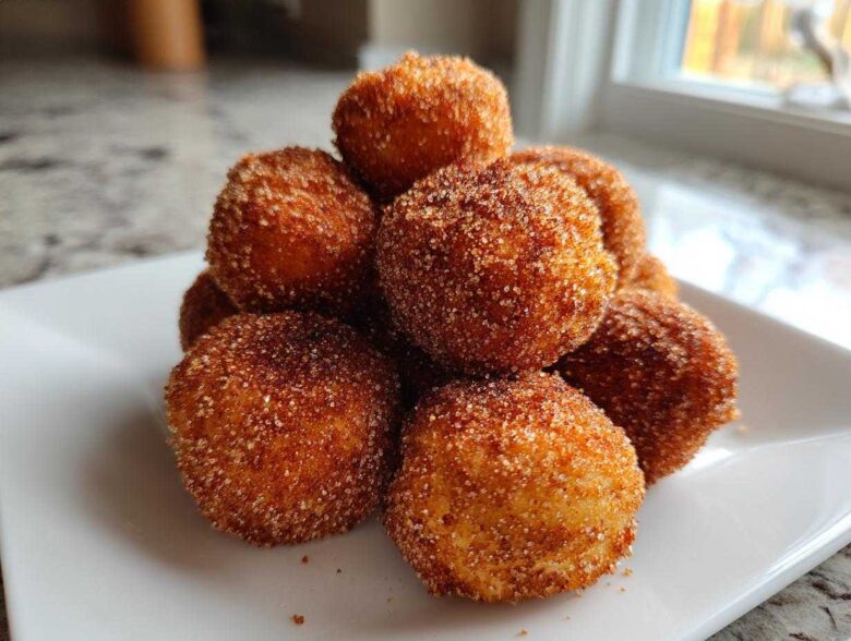A stack of freshly fried Churro Bites coated generously in cinnamon sugar, served on a white square plate.