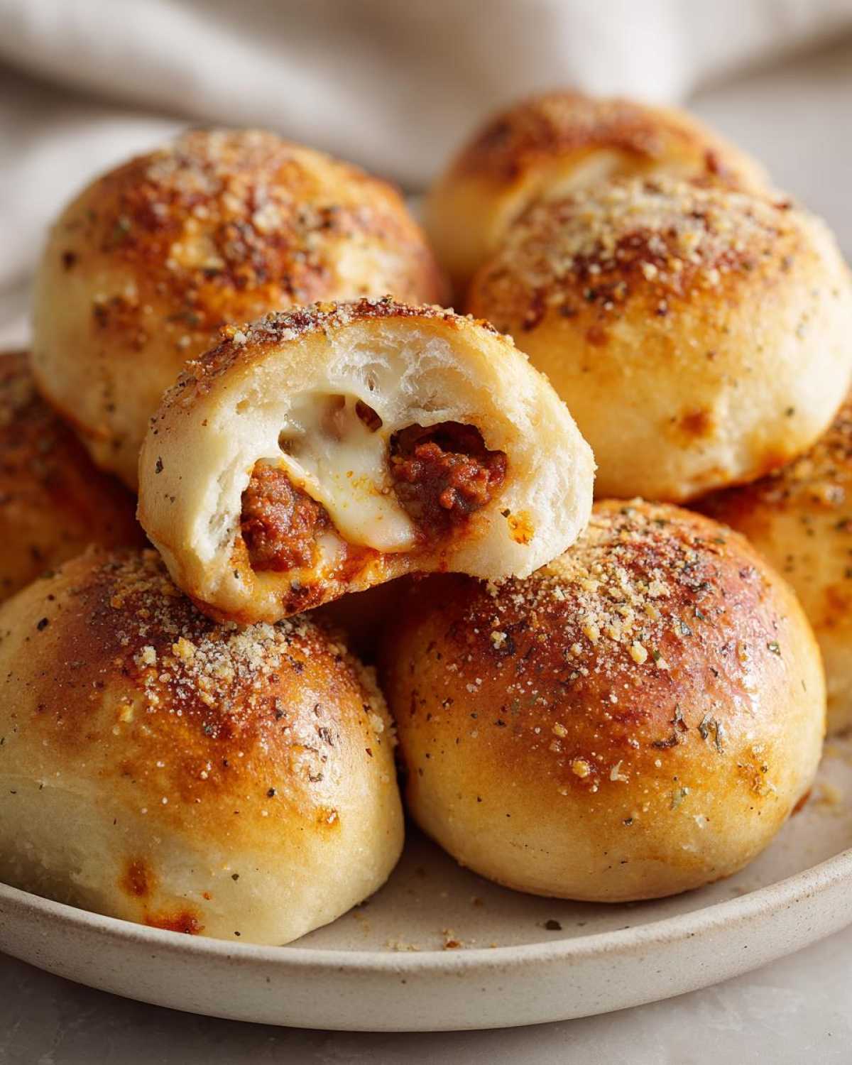 A close-up of several golden-brown pizza bombs, one cut open revealing melted cheese and pepperoni filling.