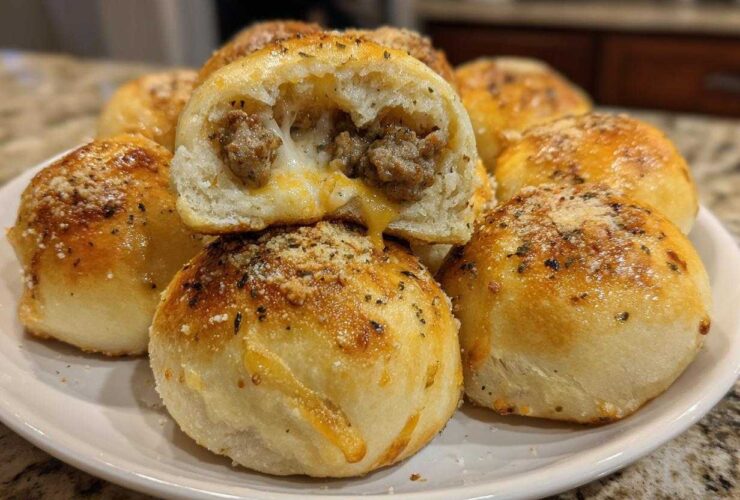 A plate piled high with golden brown pizza bombs, one cut open revealing melted cheese and sausage filling.