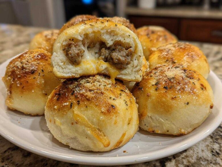 A plate piled high with golden brown pizza bombs, one cut open revealing melted cheese and sausage filling.