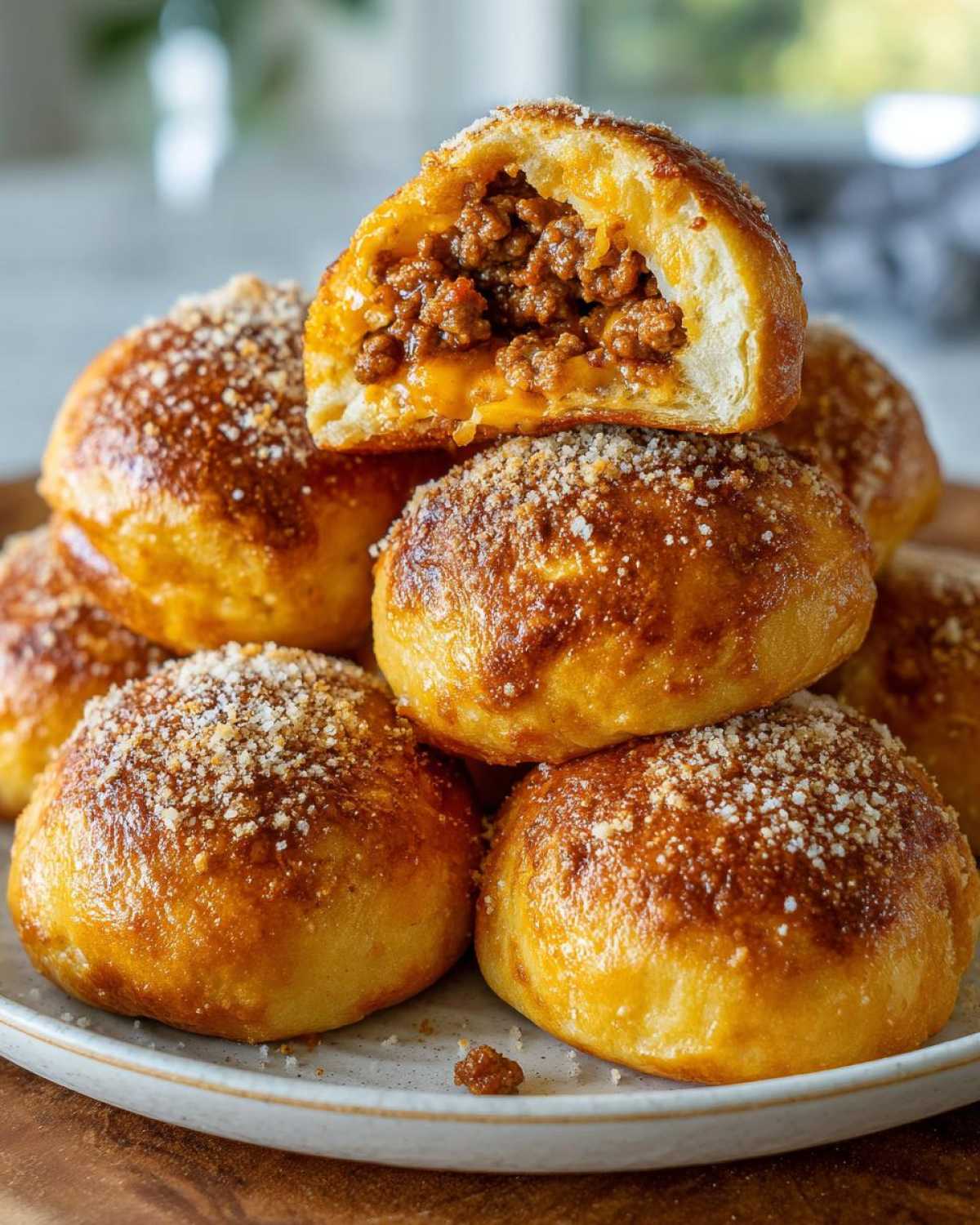 A stack of golden brown pizza bombs, one cut open to show the savory meat filling inside.