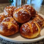 A plate piled high with freshly baked, golden brown Pretzel Bites sprinkled generously with coarse salt.