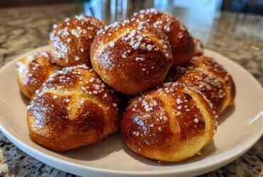 A plate piled high with freshly baked, golden brown Pretzel Bites sprinkled generously with coarse salt.