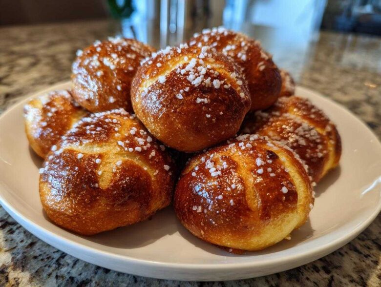 A plate piled high with freshly baked, golden brown Pretzel Bites sprinkled generously with coarse salt.