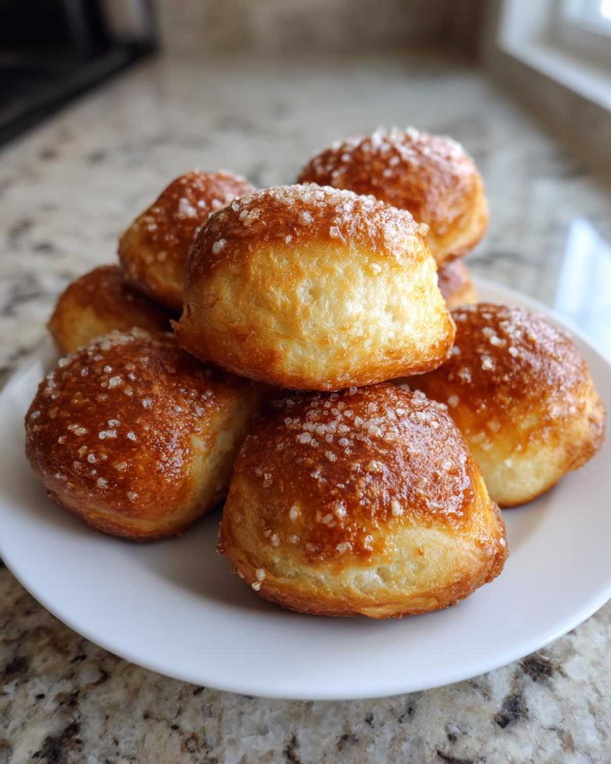 A stack of freshly baked, golden brown Pretzel Bites sprinkled with coarse salt on a white plate.