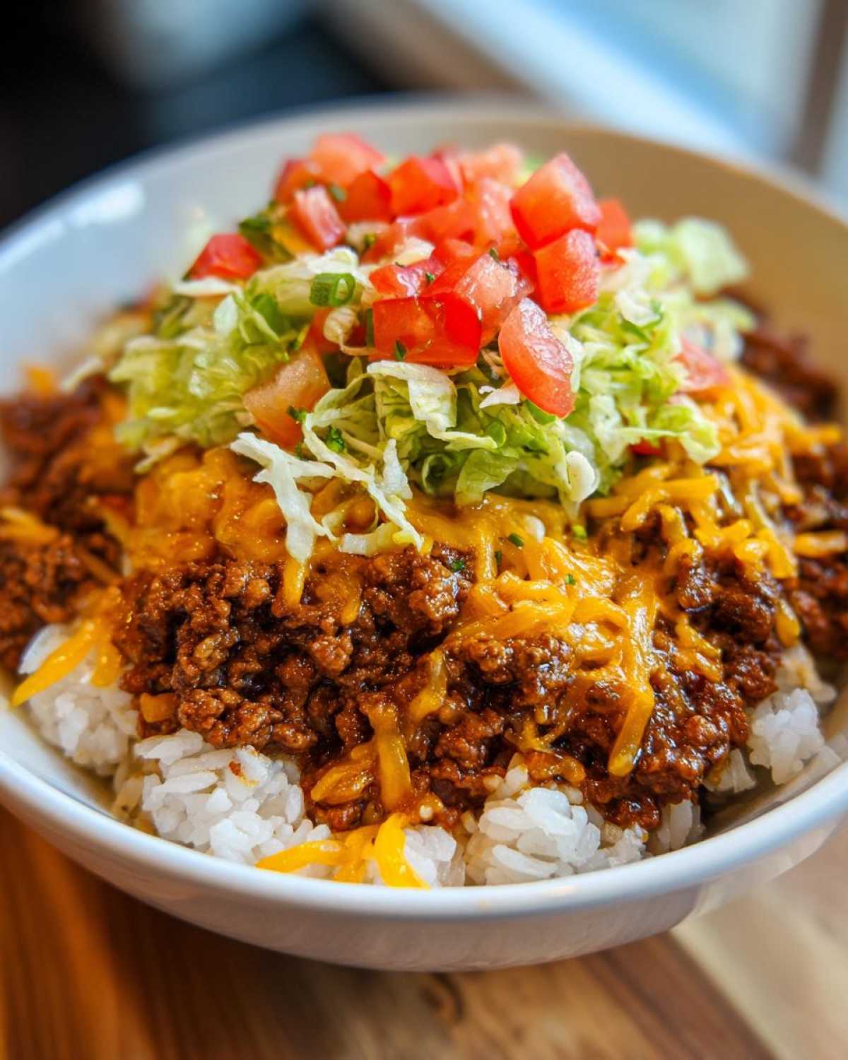 A close-up view of a hearty bowl of Taco Rice topped with seasoned ground beef, melted cheese, shredded lettuce, and diced tomatoes.