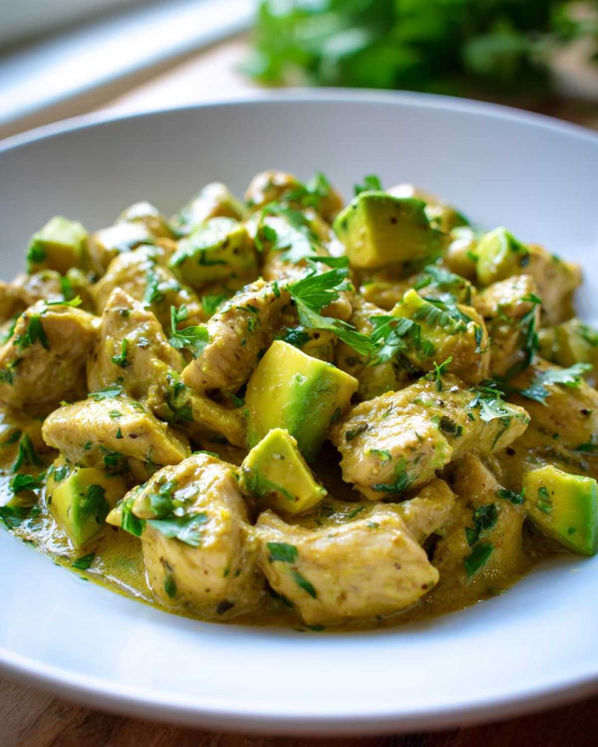 Close-up of creamy chicken pieces mixed with bright green avocado chunks and fresh herbs, perfect for a Quick Low-Carb Dinner.