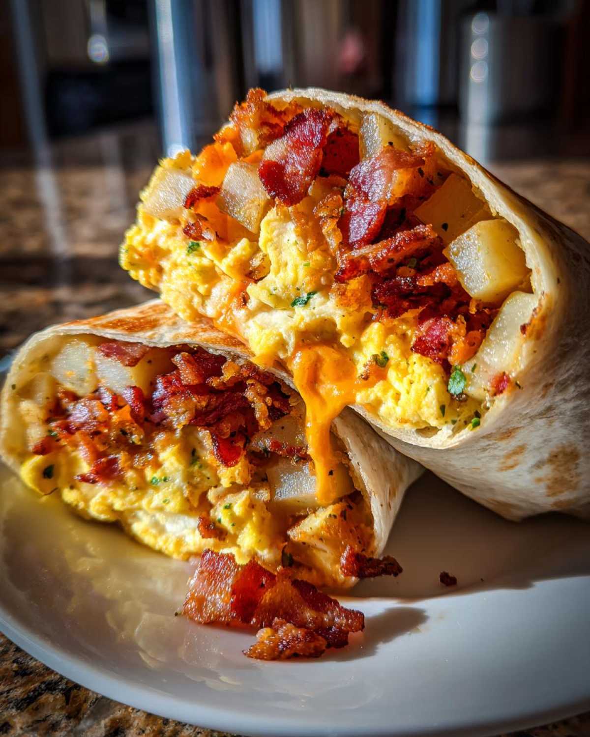Close-up of a Bacon Egg and Cheese Burrito with Potatoes cut in half, showing scrambled eggs, crispy bacon, diced potatoes, and melted cheese.