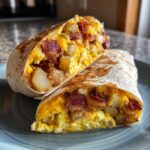 A close-up, cross-section view of a Bacon Egg and Cheese Burrito with Potatoes, revealing scrambled eggs, crispy bacon, and diced potatoes inside a toasted tortilla.