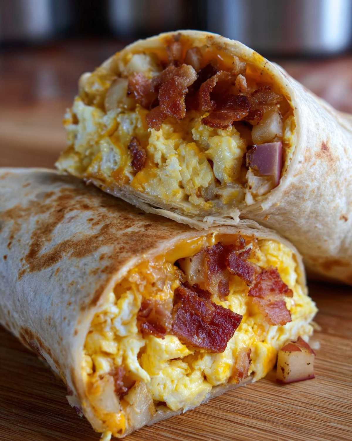 Close-up of a Bacon Egg and Cheese Burrito with Potatoes cut in half, showing scrambled eggs, cheese, potatoes, and bacon.