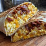 A cross-section of a grilled Bacon Egg and Cheese Burrito with Potatoes, showing scrambled eggs, cheese, and bacon bits.