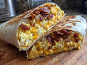 A cross-section of a grilled Bacon Egg and Cheese Burrito with Potatoes, showing scrambled eggs, cheese, and bacon bits.