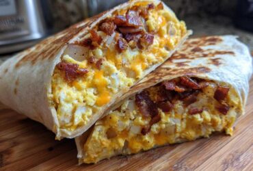 A cross-section of a grilled Bacon Egg and Cheese Burrito with Potatoes, showing scrambled eggs, cheese, and bacon bits.