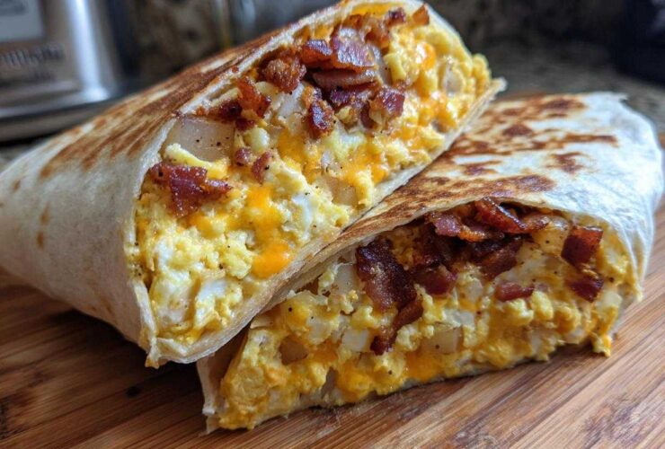 A cross-section of a grilled Bacon Egg and Cheese Burrito with Potatoes, showing scrambled eggs, cheese, and bacon bits.