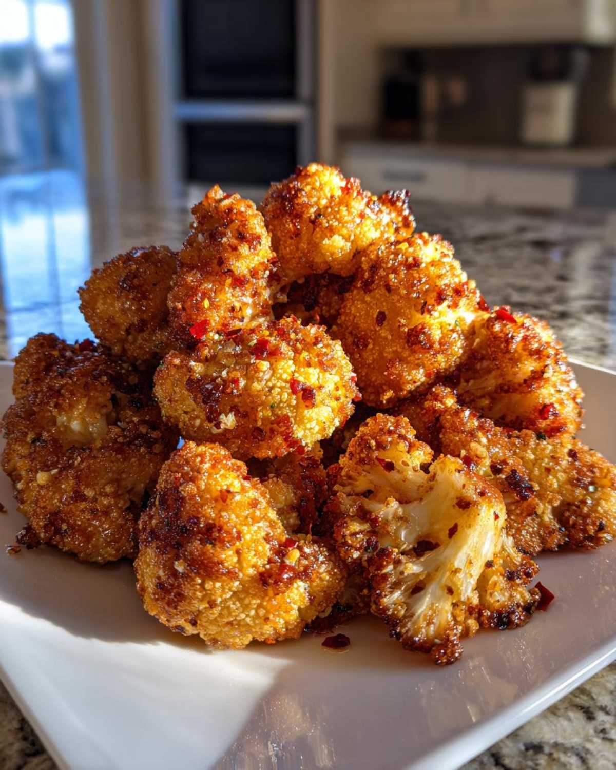 A mound of crispy, golden brown Baked Cauliflower Bites sprinkled with red pepper flakes on a white plate.