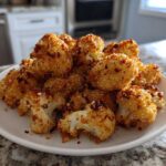 A white plate piled high with crispy, golden-brown Baked Cauliflower Bites topped with seasoning.