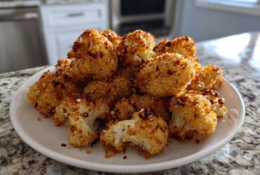 A white plate piled high with crispy, golden-brown Baked Cauliflower Bites topped with seasoning.