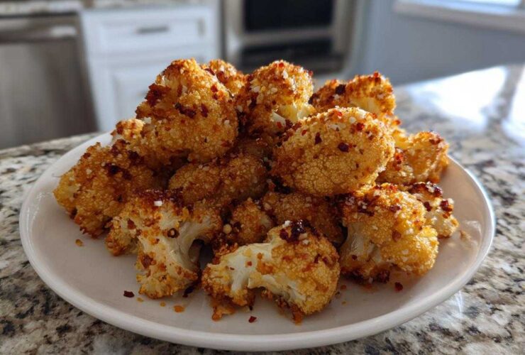 A white plate piled high with crispy, golden-brown Baked Cauliflower Bites topped with seasoning.