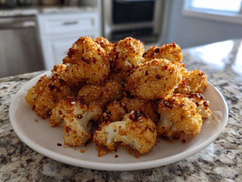 A white plate piled high with crispy, golden-brown Baked Cauliflower Bites topped with seasoning.