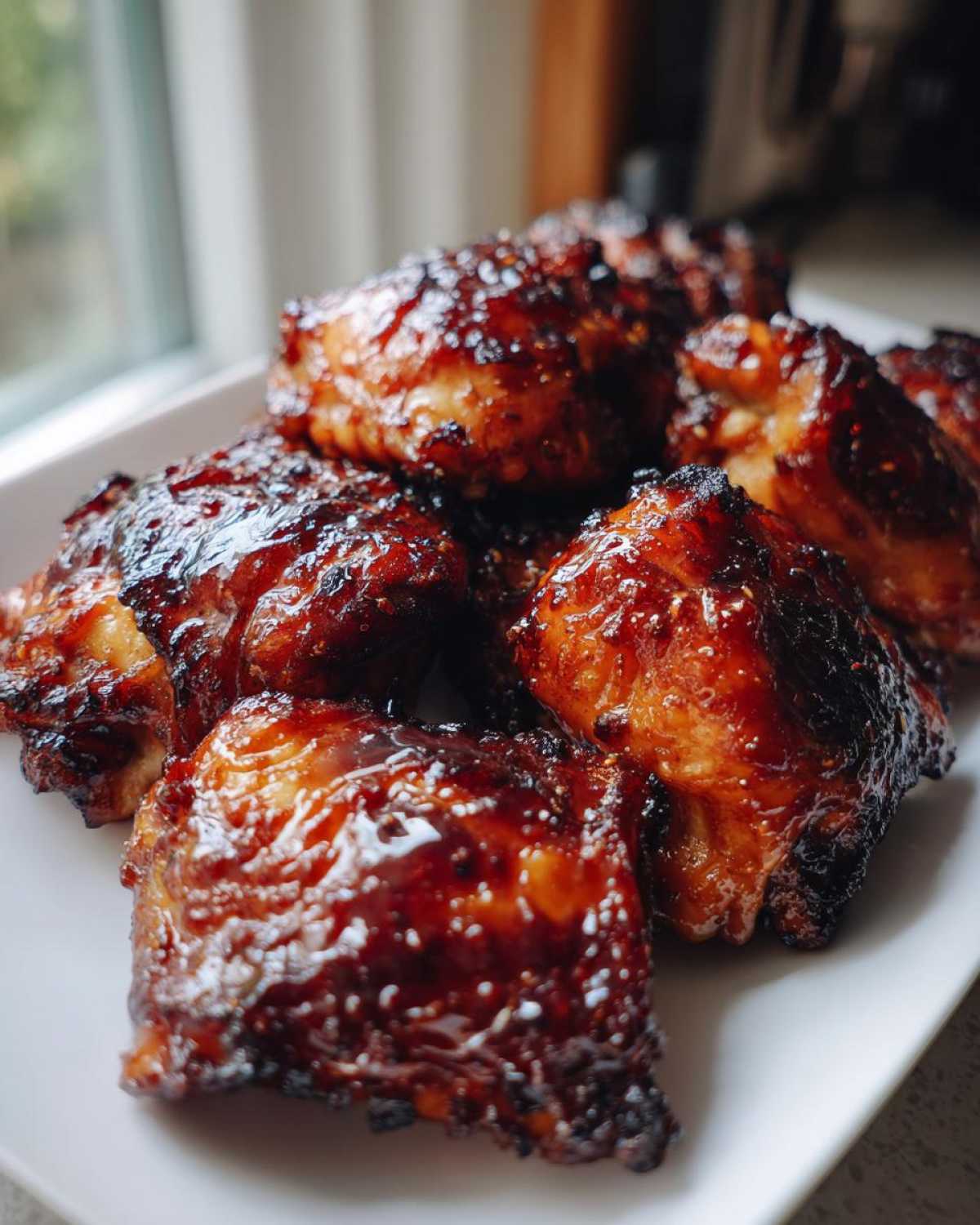 Close-up of several pieces of juicy Baked Hot Honey Chicken with a sticky, dark glaze piled on a white plate.