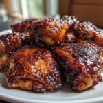 Close-up of several pieces of juicy Baked Hot Honey Chicken, coated in a dark, sticky, glistening glaze.