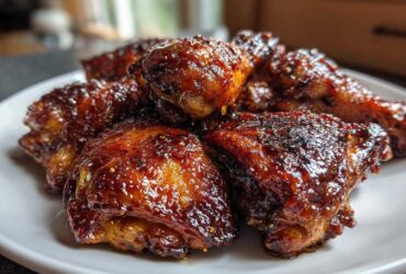 Close-up of several pieces of juicy Baked Hot Honey Chicken, coated in a dark, sticky, glistening glaze.