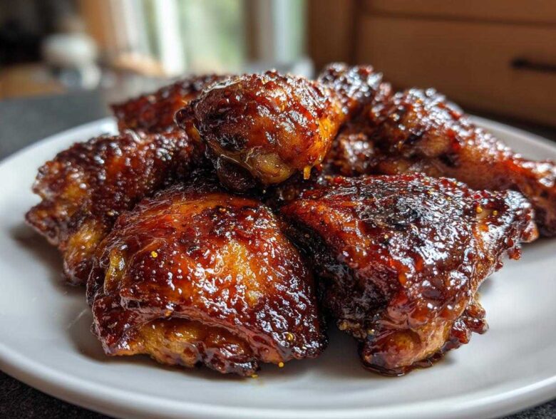 Close-up of several pieces of juicy Baked Hot Honey Chicken, coated in a dark, sticky, glistening glaze.