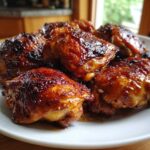 Close-up of several juicy Baked Hot Honey Chicken thighs with a dark, sticky glaze piled on a white plate.