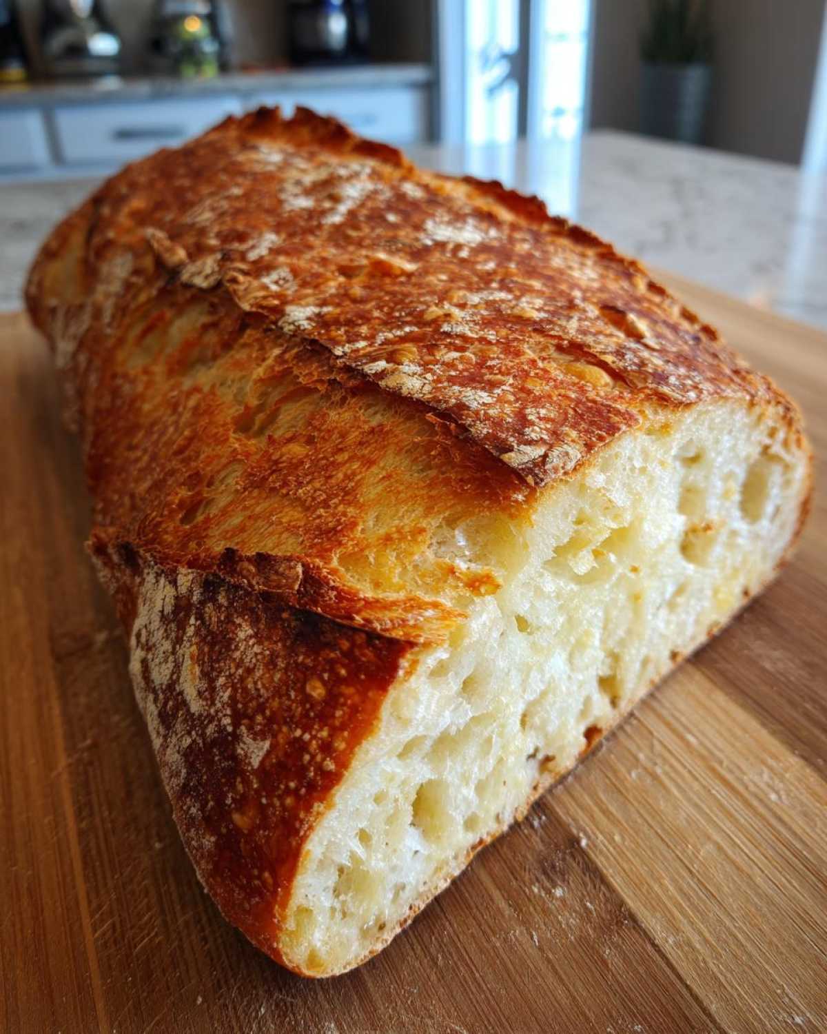 Close-up of a loaf of Bakery Style French Bread showing its deeply browned, crackly crust and open crumb structure.