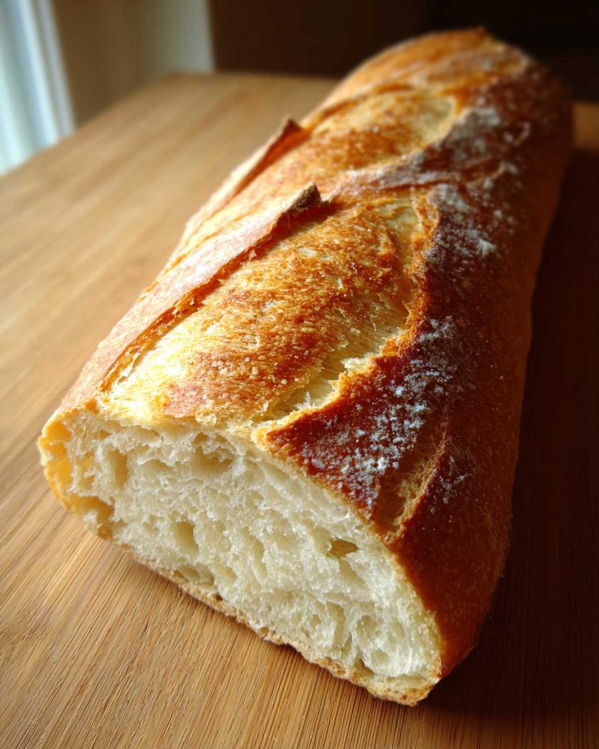Close-up of a freshly baked Bakery Style French Bread With Crackly Crust, showing the golden exterior and airy interior crumb.