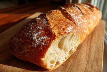 A freshly baked loaf of Bakery Style French Bread with a golden, crackly crust, showing an open crumb structure.