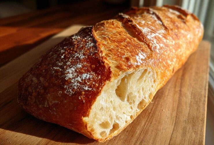 A freshly baked loaf of Bakery Style French Bread with a golden, crackly crust, showing an open crumb structure.