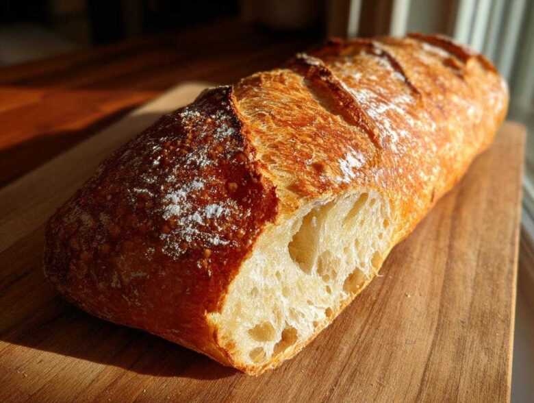A freshly baked loaf of Bakery Style French Bread with a golden, crackly crust, showing an open crumb structure.
