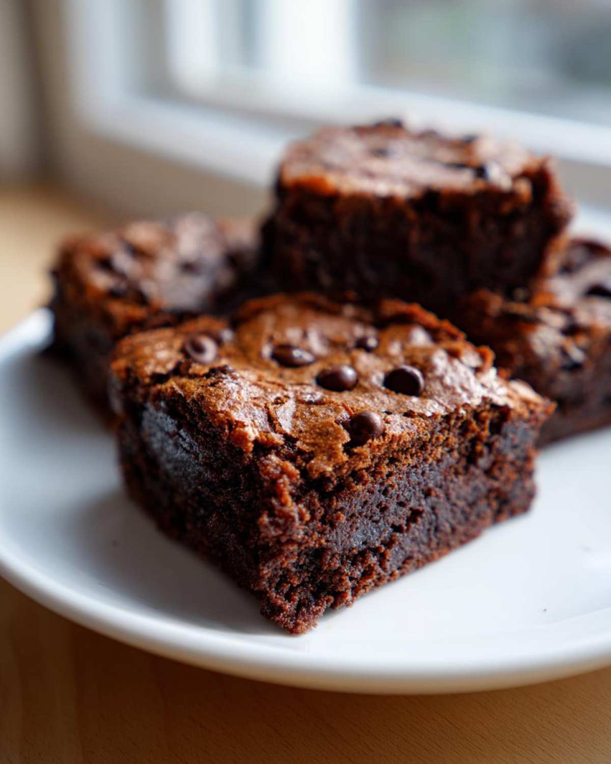 Close-up of fudgy Banana Bread Brownies squares topped with melted chocolate chips on a white plate.
