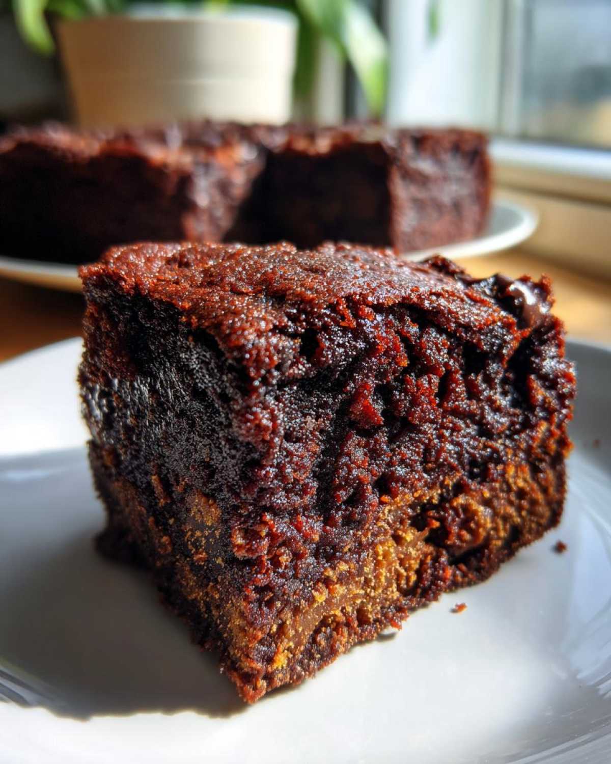 A close-up, richly textured square of dark Banana Bread Brownies sitting on a white plate.