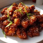 A close-up of crispy, glazed Sesame Chicken pieces piled high on a white plate, garnished with sesame seeds and sliced green onions.