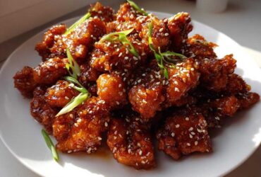 A close-up of crispy, glazed Sesame Chicken pieces piled high on a white plate, garnished with sesame seeds and sliced green onions.