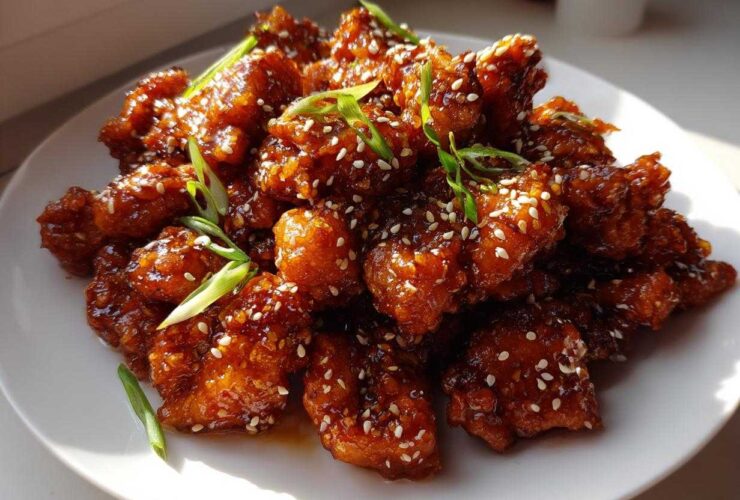 A close-up of crispy, glazed Sesame Chicken pieces piled high on a white plate, garnished with sesame seeds and sliced green onions.