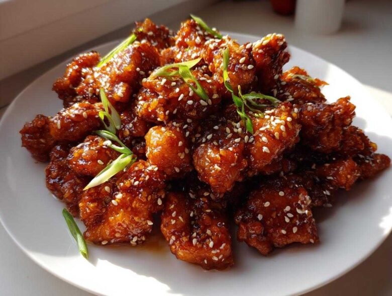 A close-up of crispy, glazed Sesame Chicken pieces piled high on a white plate, garnished with sesame seeds and sliced green onions.