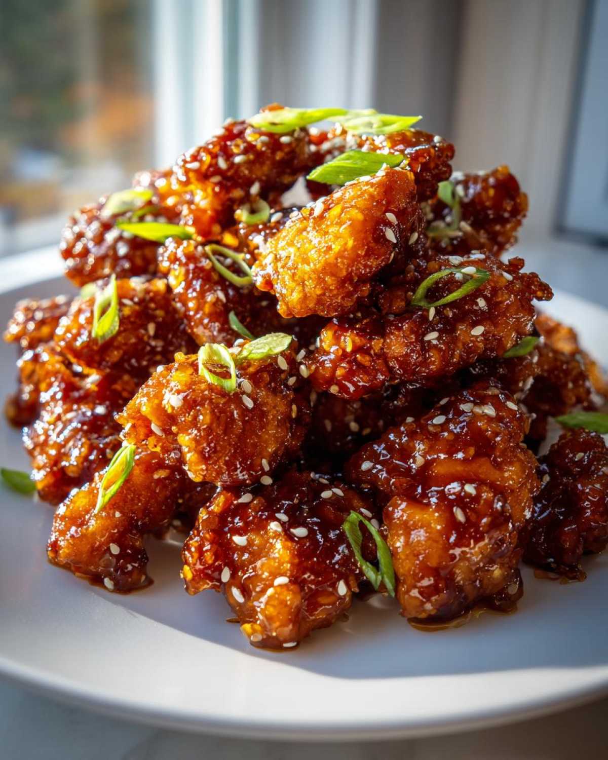 A tall pile of crispy, glazed Sesame Chicken pieces coated in a sticky sauce, sprinkled with white sesame seeds and green onions.