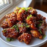 A pile of crispy, glazed Sesame Chicken pieces generously topped with white sesame seeds and sliced green onions.