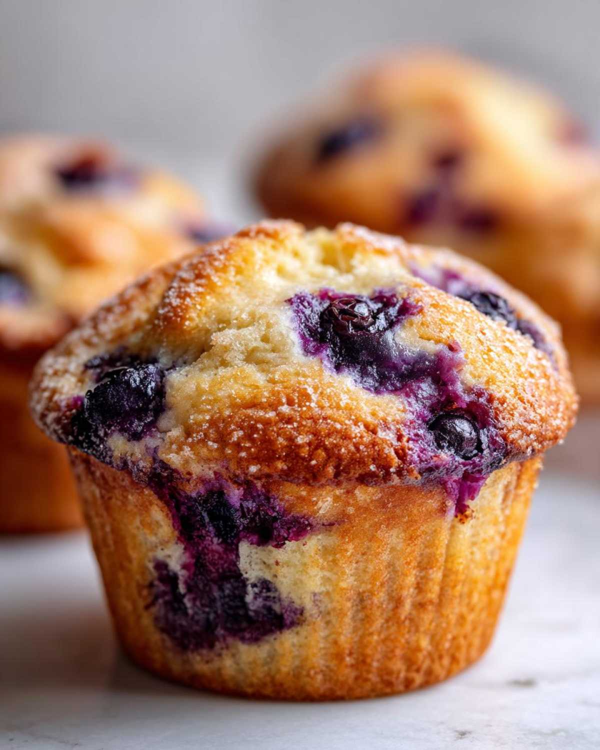 A close-up of a golden-brown Blueberry Cream Cheese Muffin topped with sugar crystals and bursting with purple blueberries.